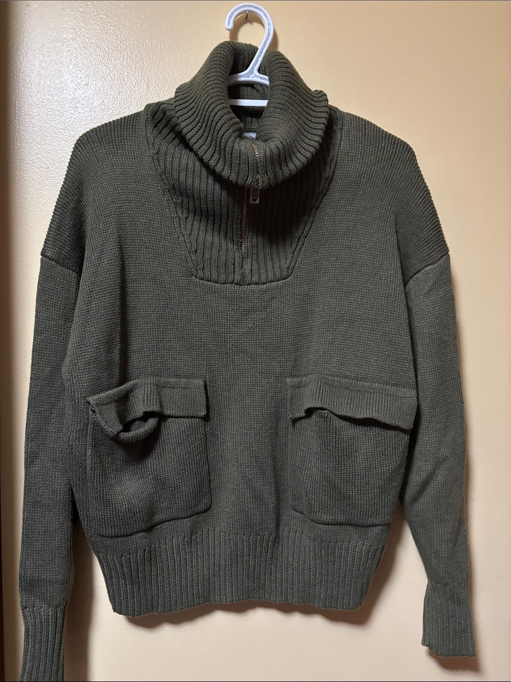 Madison Olive Green Zip-Neck Knit Sweater